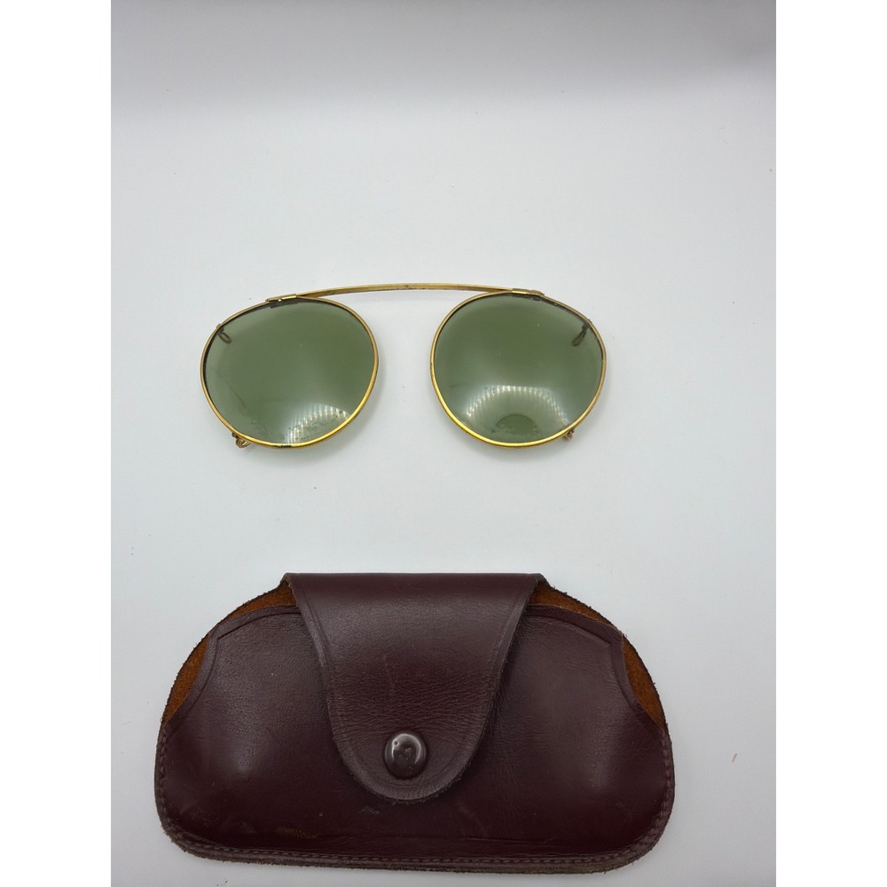 Vintage Ostertag Opticians Gold Tone Round Green Lens Clip On Sunglasses Case
